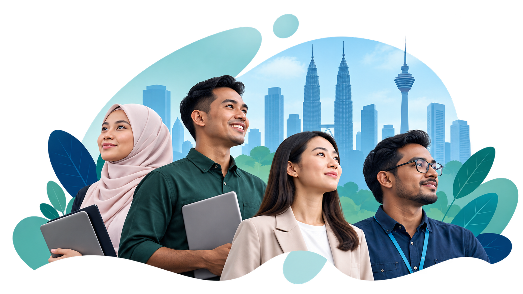 Four Malaysian jobseekers looking ahead, with the Kuala Lumpur skyline behind them
